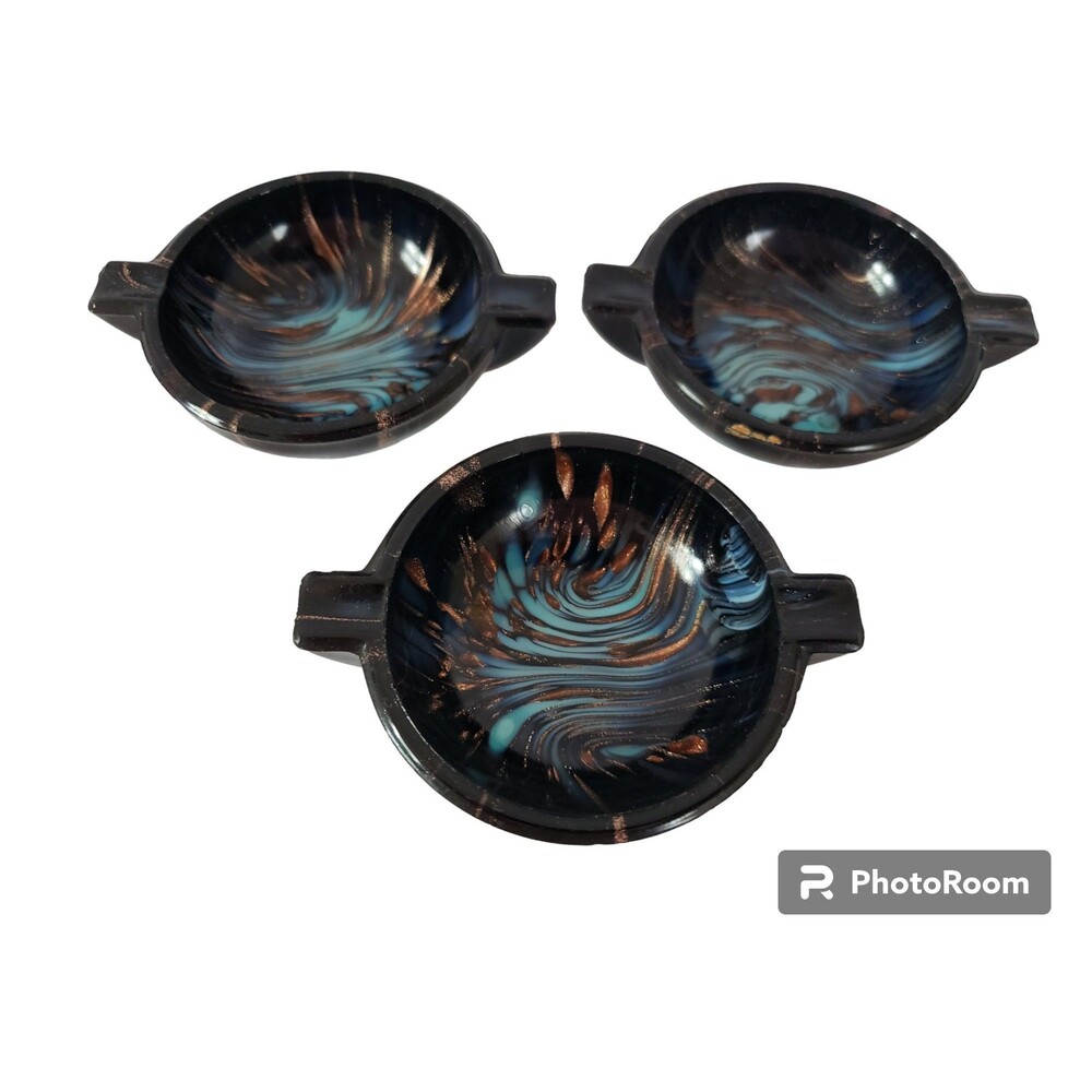 3 Turquoise & Copper Nason Vannes Murano Art Glass France Mini Ashtray Bowl MCM